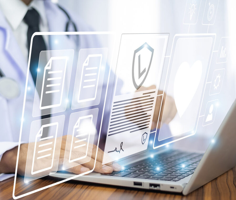 Doctor AI, artificial intelligence in modern medical technology and IOT automation. Doctor using AI document management concept.
